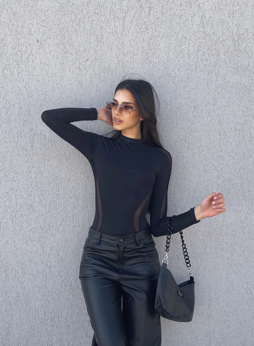 Body de manga larga con recortes de tul con lycra - L5758